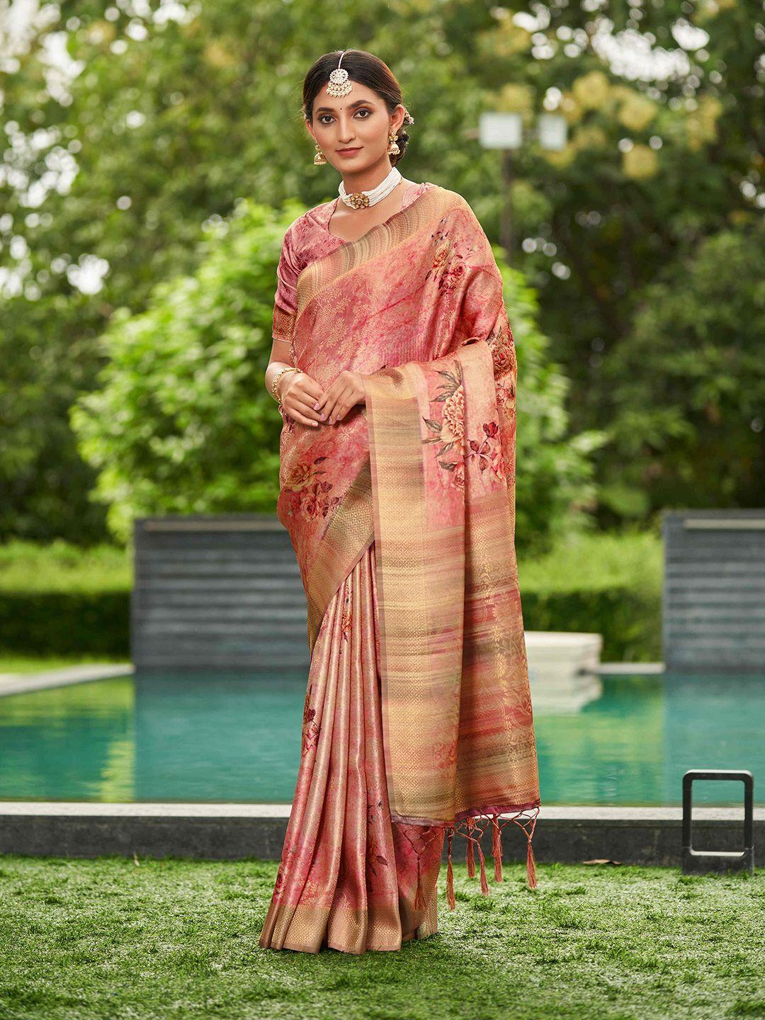 mitera floral printed zari detailed satin saree