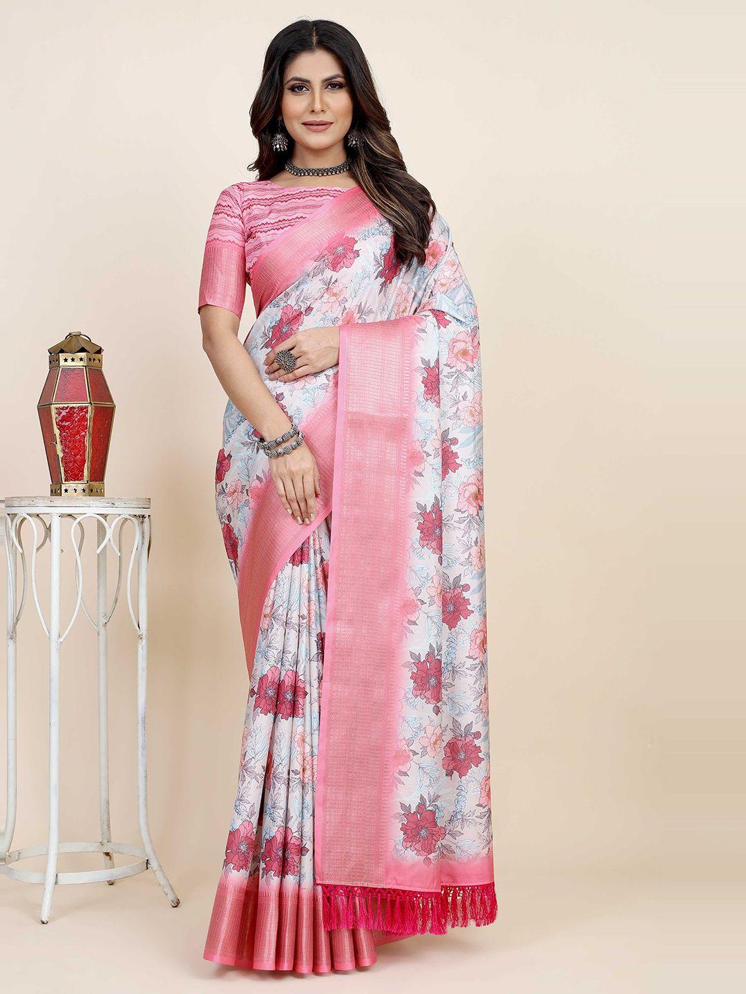 mitera floral printed zari silk blend saree