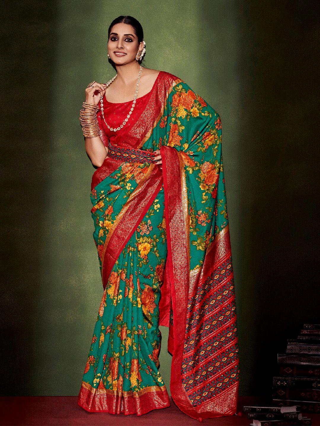 mitera floral printed zari silk cotton ikat saree