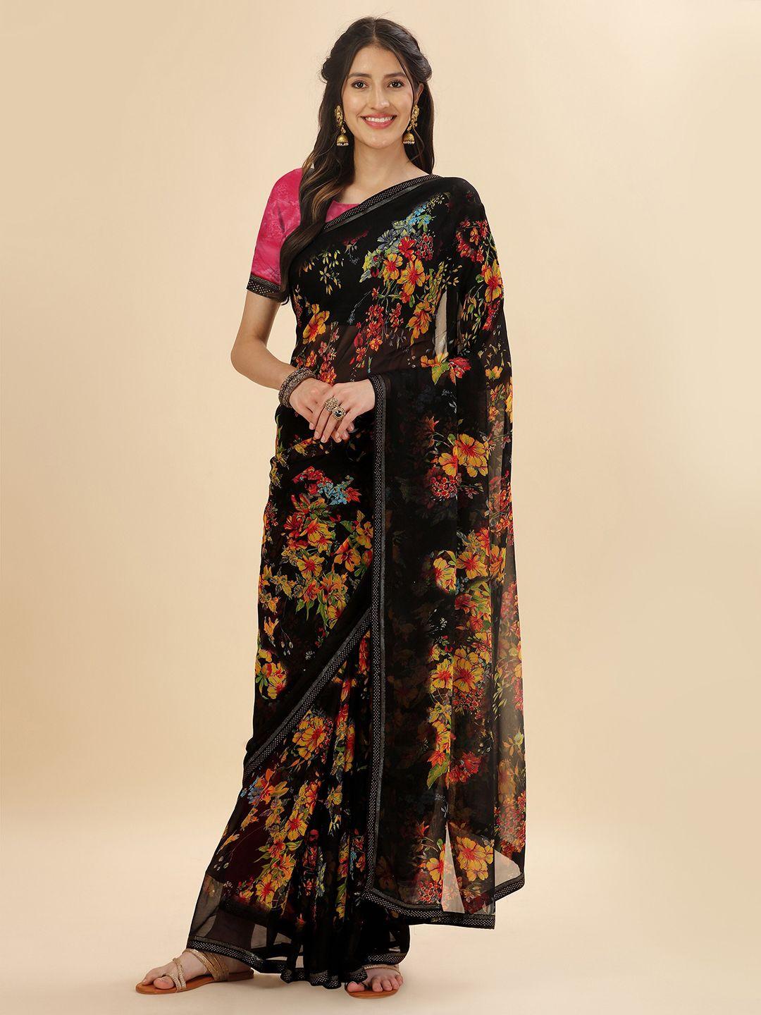 mitera floral stones work pure georgette saree with blouse piece