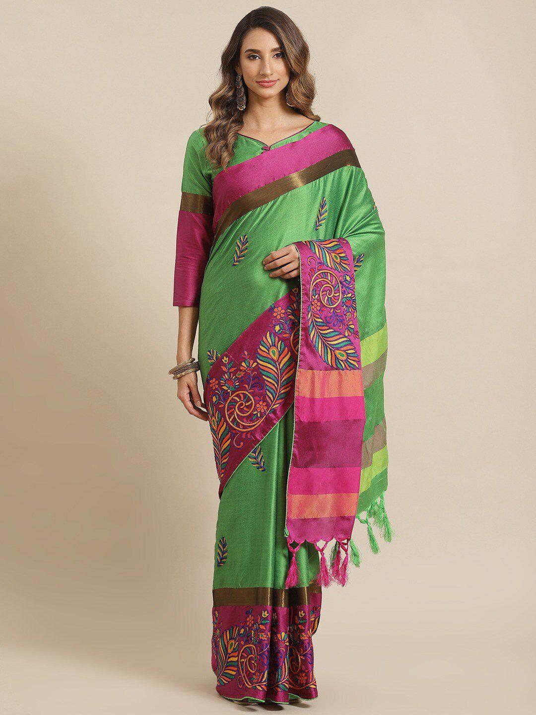 mitera floral thread embroidered silk cotton designer banarasi saree with tassels