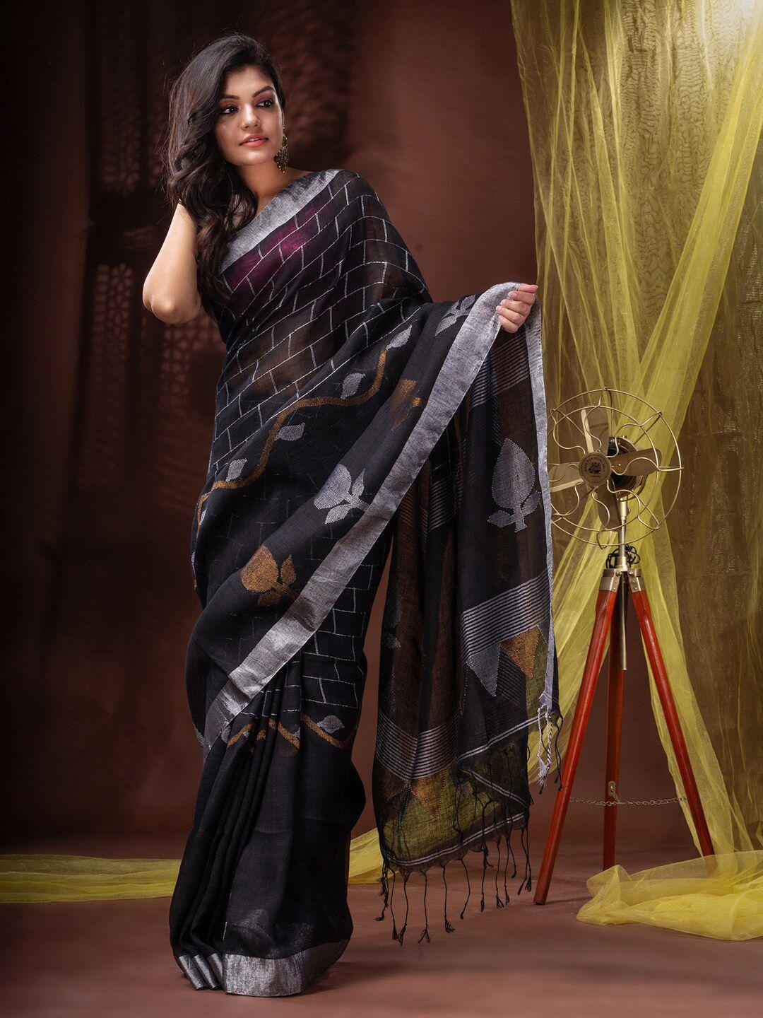 mitera floral woven design pure linen handloom saree