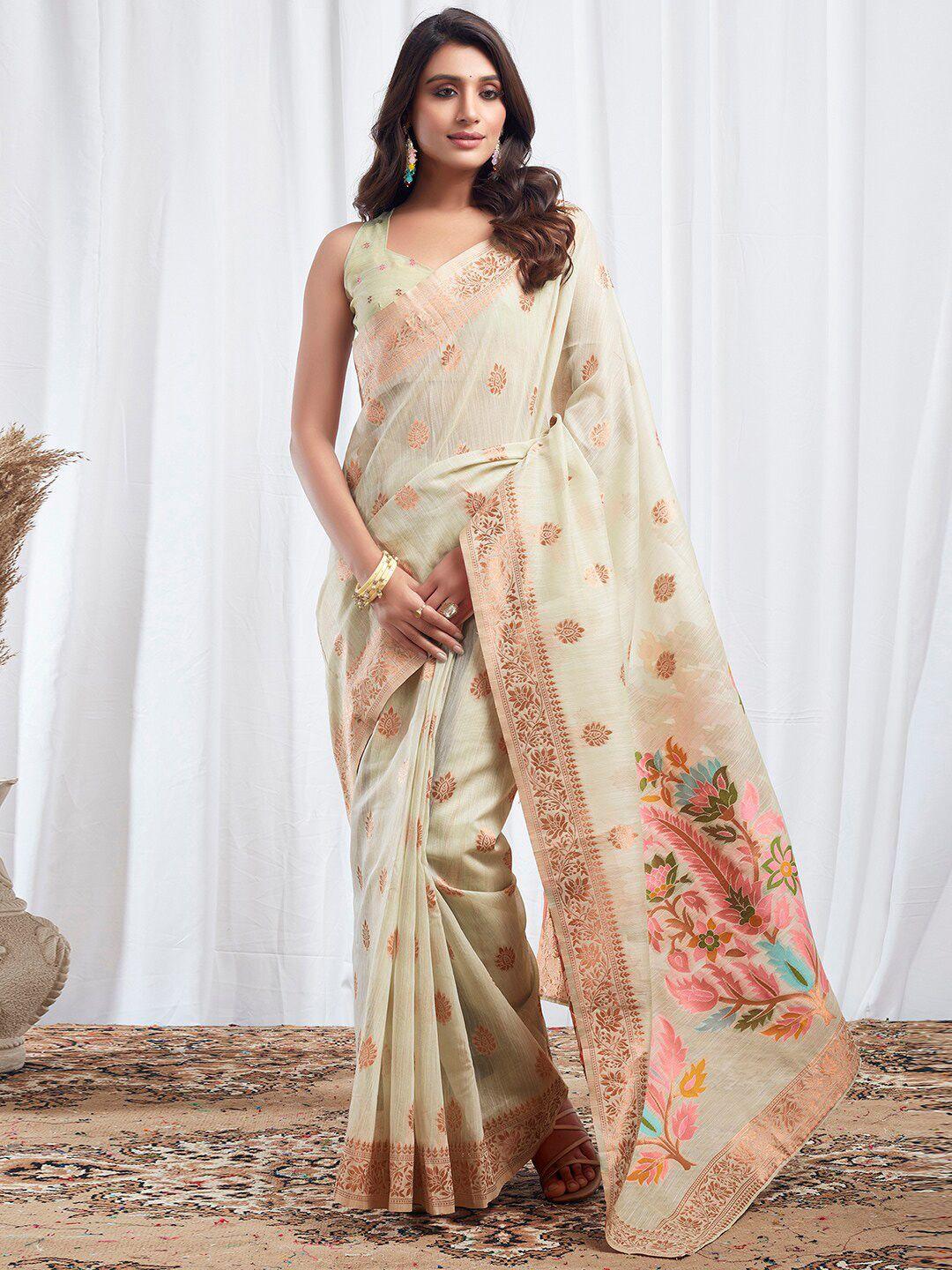 mitera floral zari linen blend banarasi saree