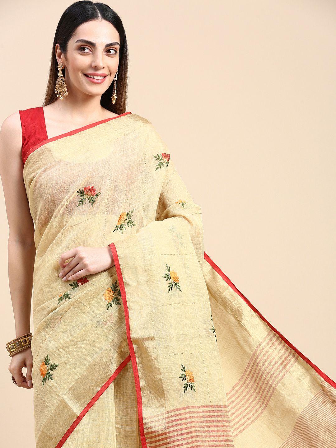 mitera floral zari linen blend saree