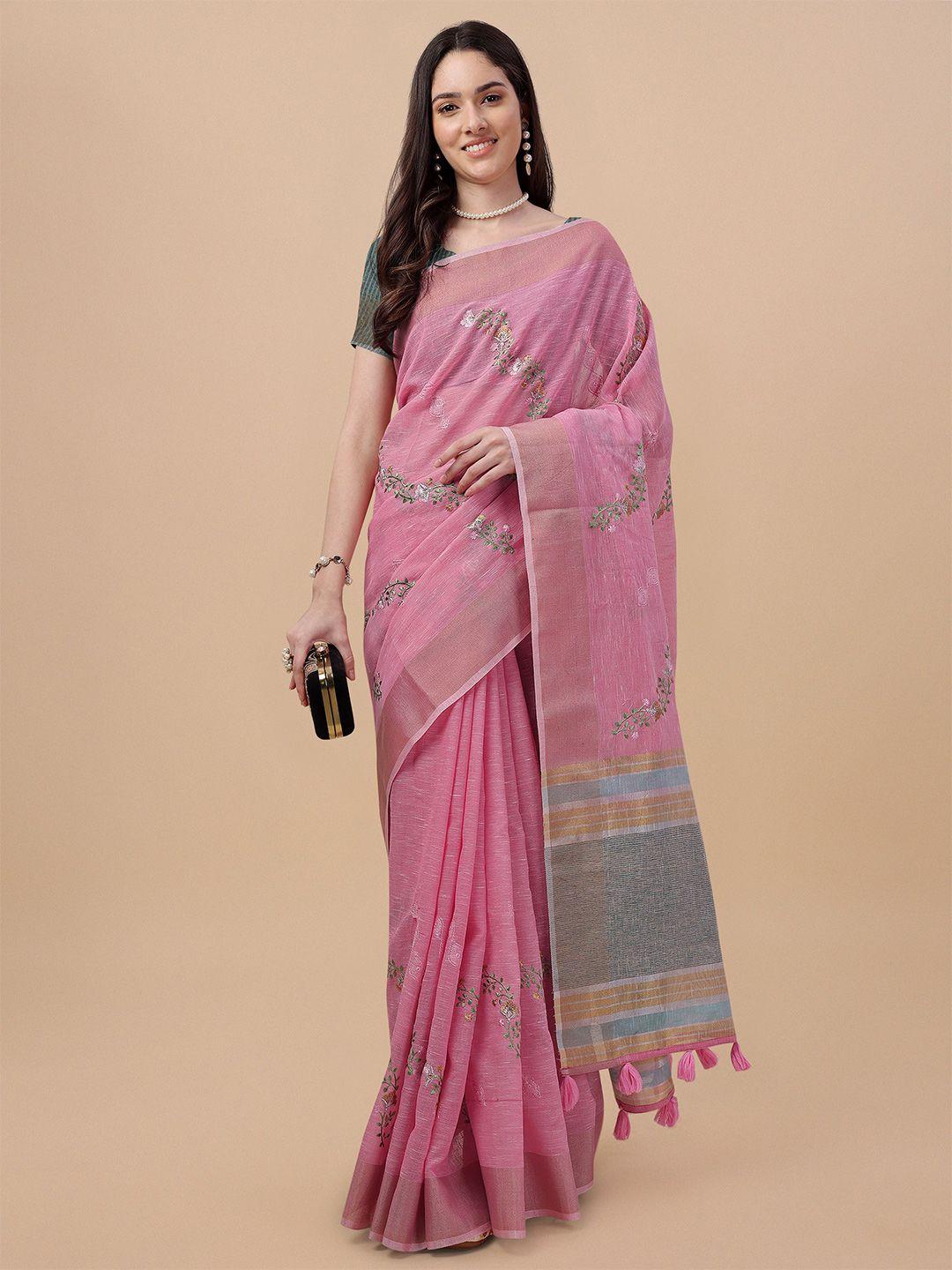 mitera floral zari pure linen saree