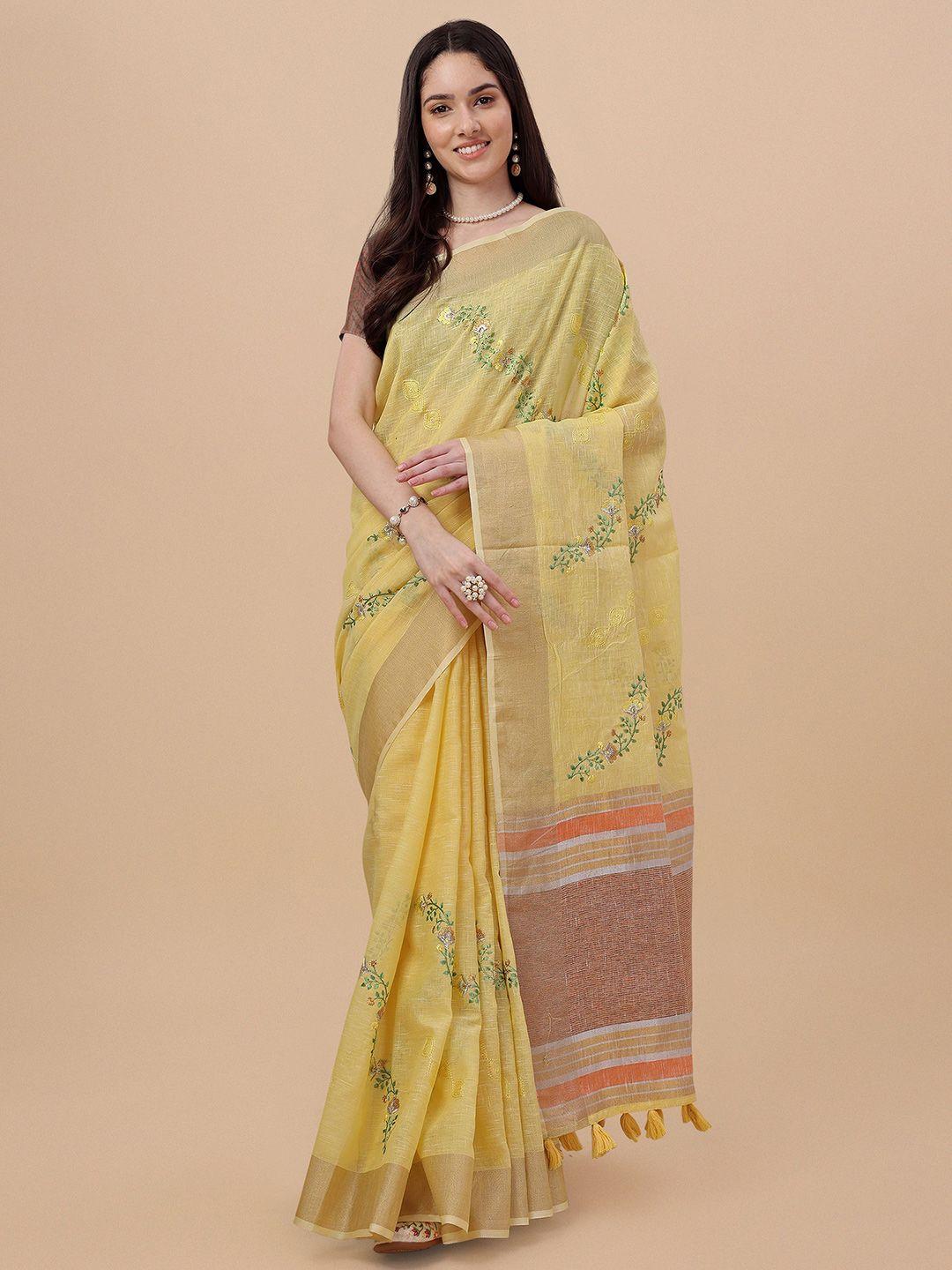 mitera floral zari pure linen saree