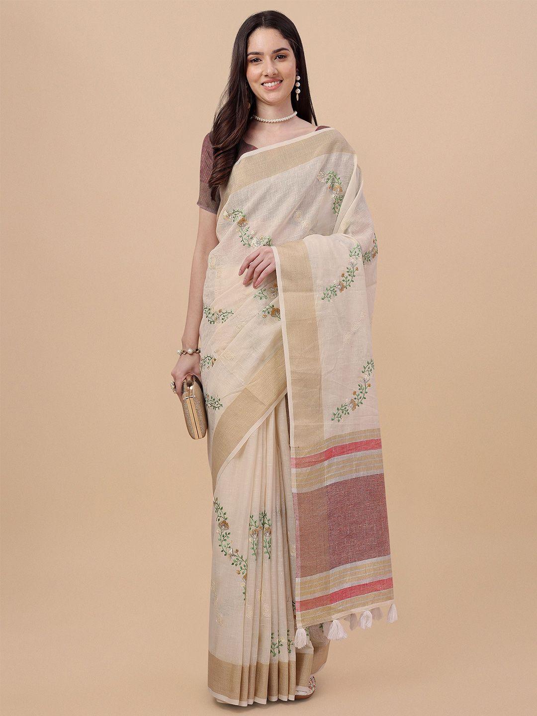 mitera floral zari pure linen saree