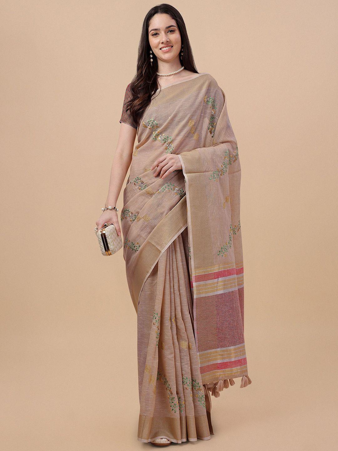 mitera floral zari pure linen saree