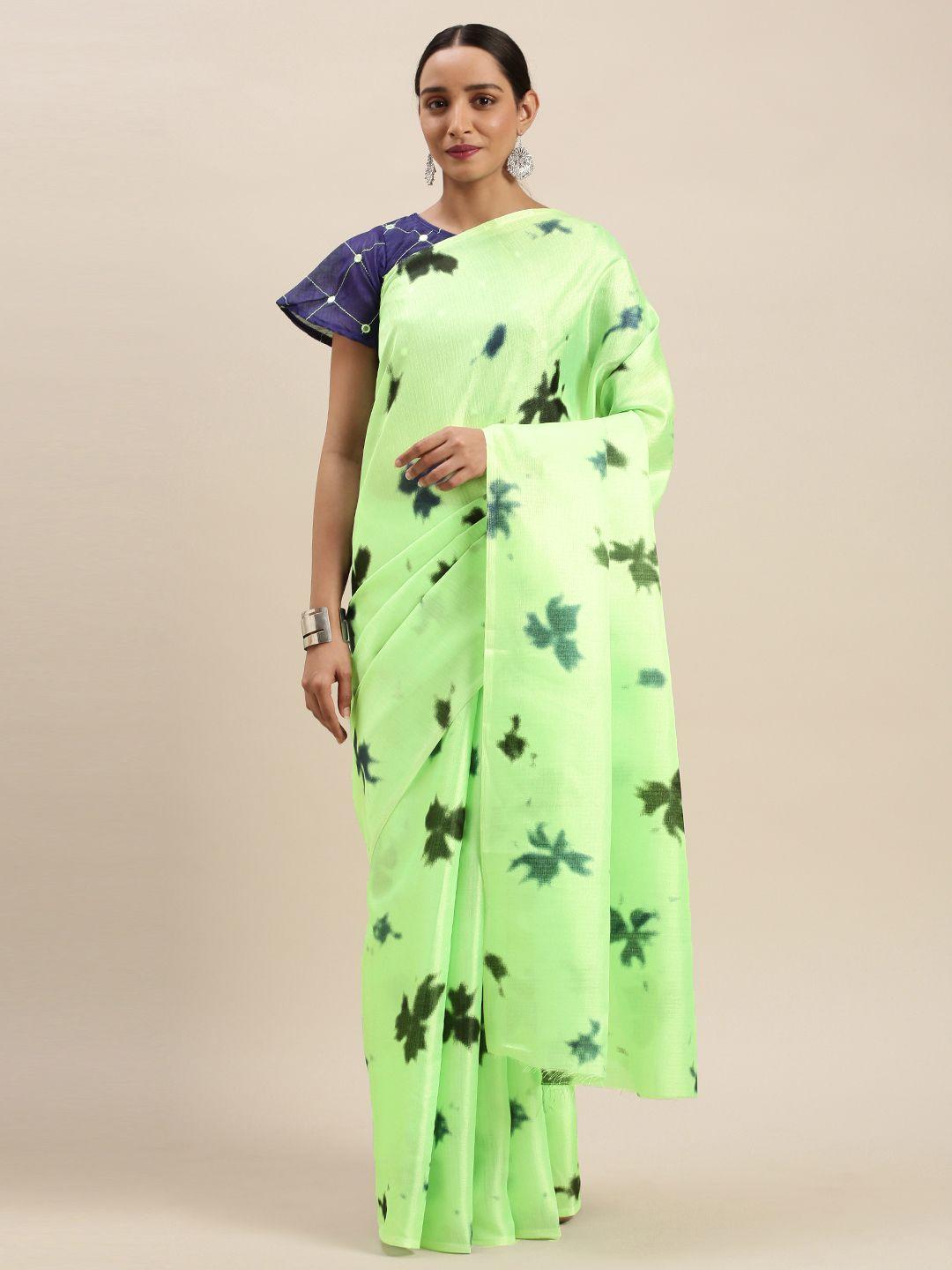 mitera fluorescent green & black art silk printed saree