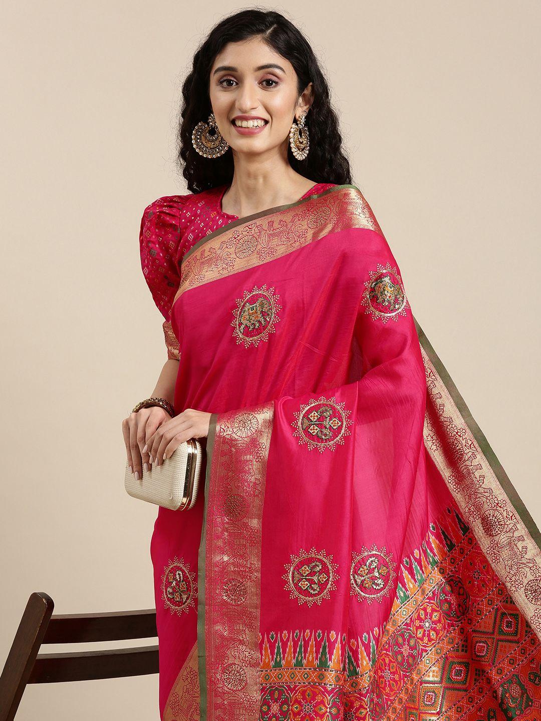 mitera fuchsia embroidered pure silk banarasi saree