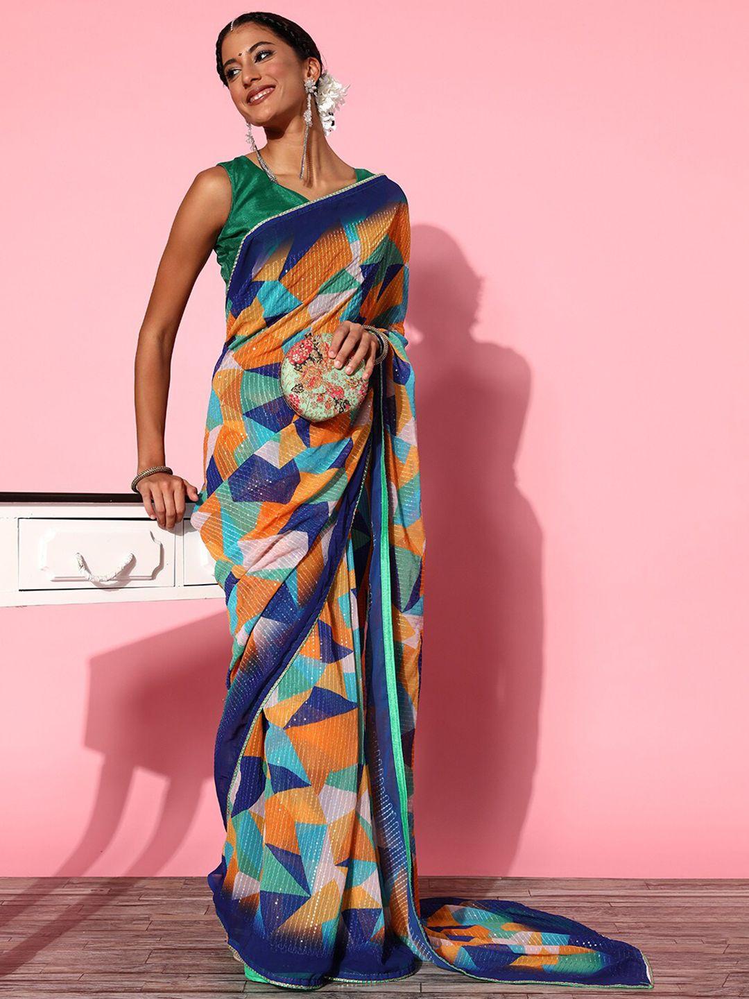 mitera geometric printed sequinned pure georgette saree