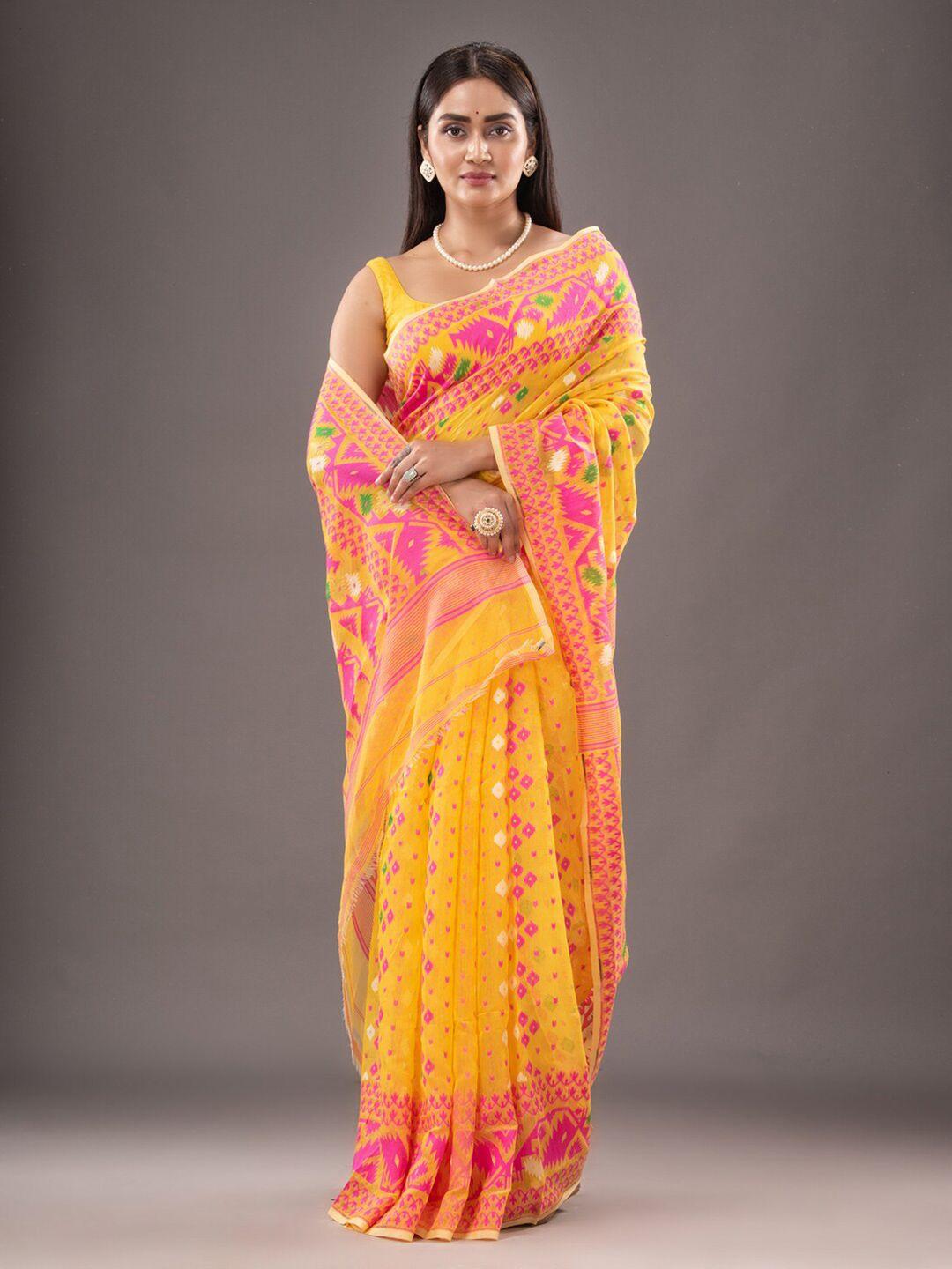 mitera geometric printed silk cotton jamdani saree