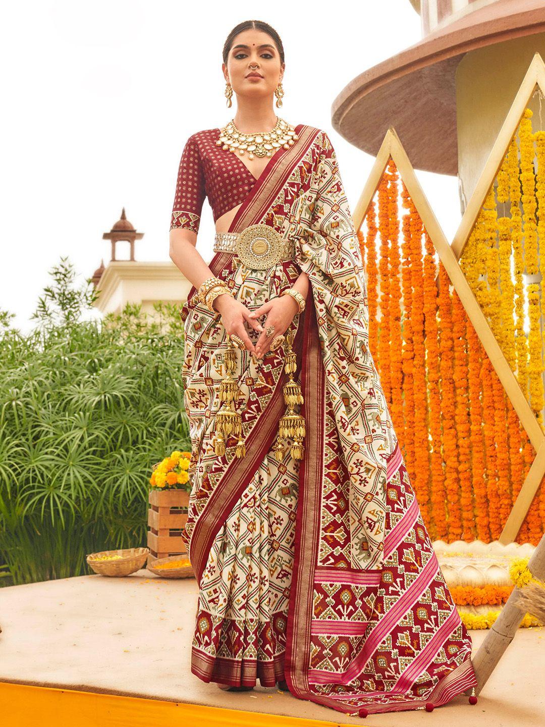 mitera geometric printed zari silk blend patola saree