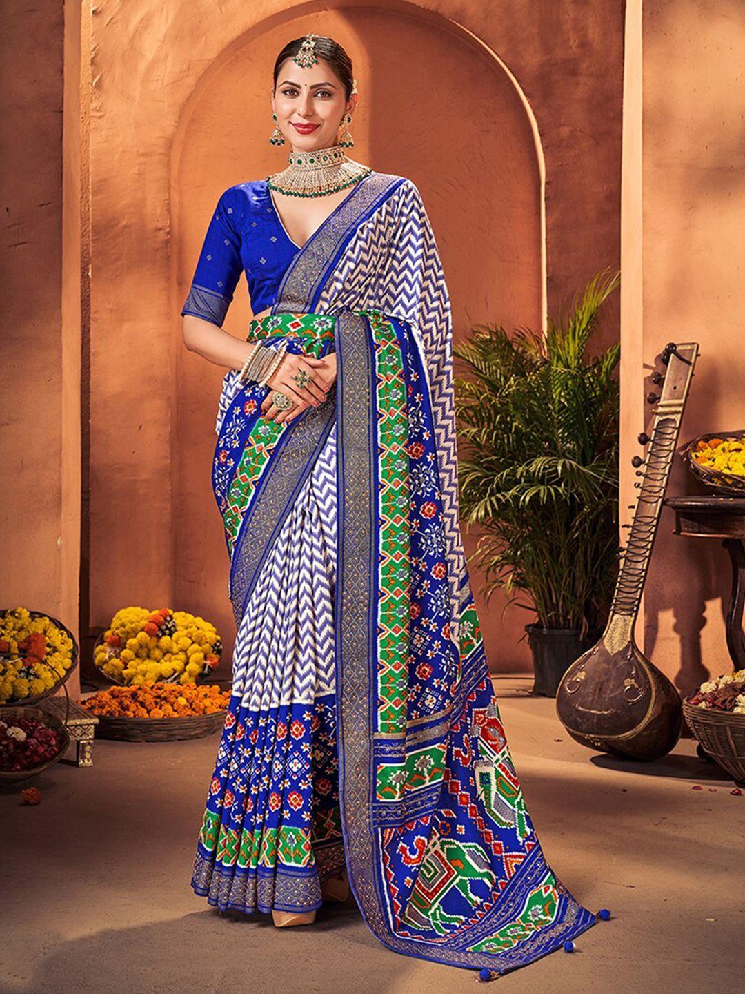 mitera geometric printed zari silk cotton patola saree