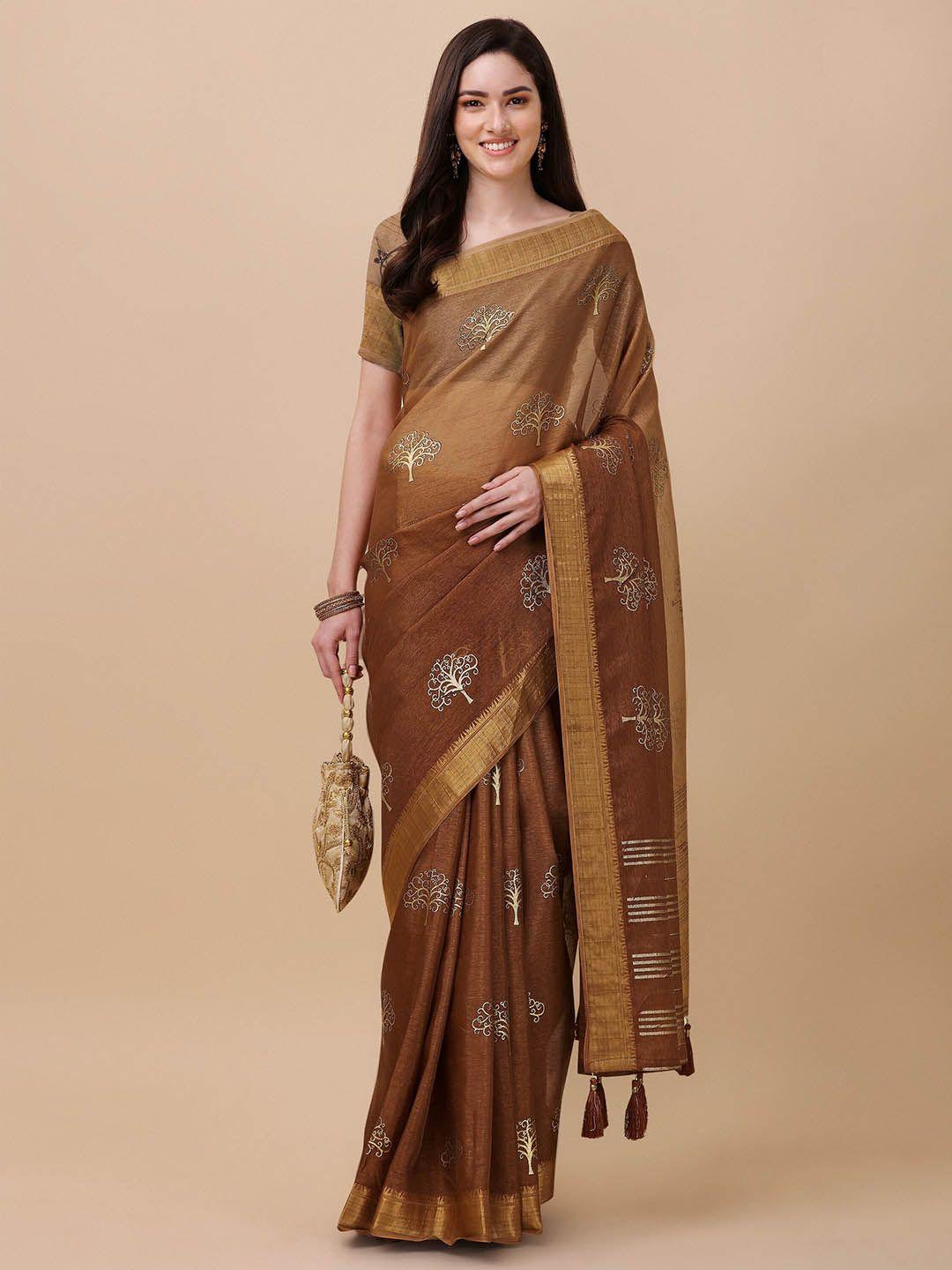 mitera gold-toned & brown floral zari pure silk saree