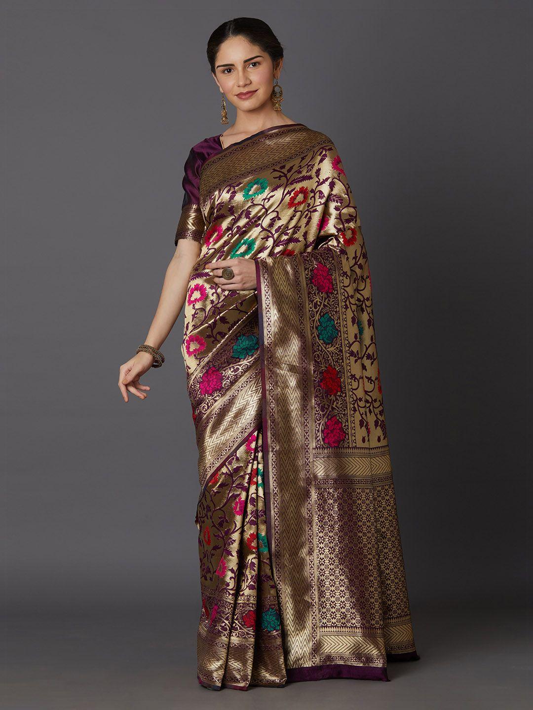 mitera gold-toned & burgundy silk blend woven design kanjeevaram saree