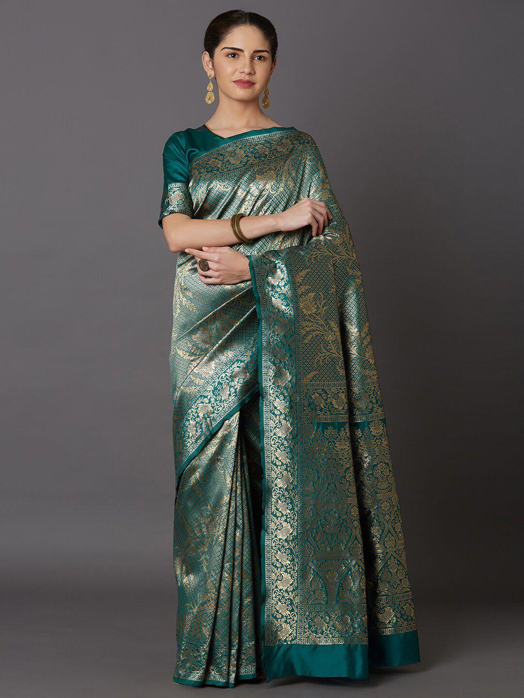 mitera gold-toned & green woven design zari dharmavaram saree