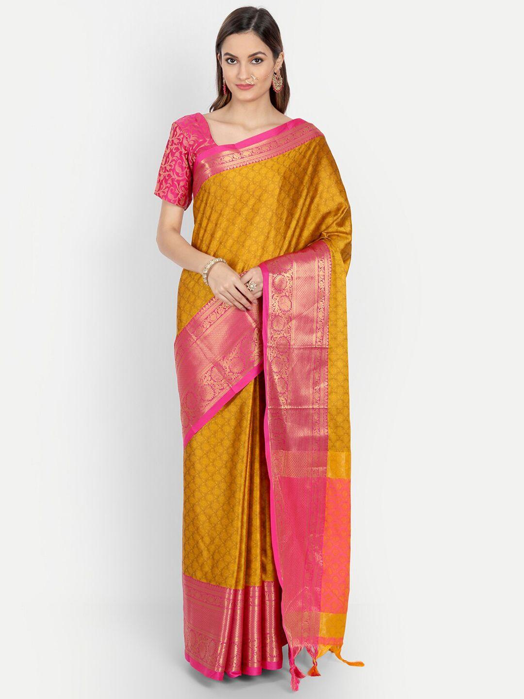 mitera gold-toned & pink woven design zardozi dharmavaram saree