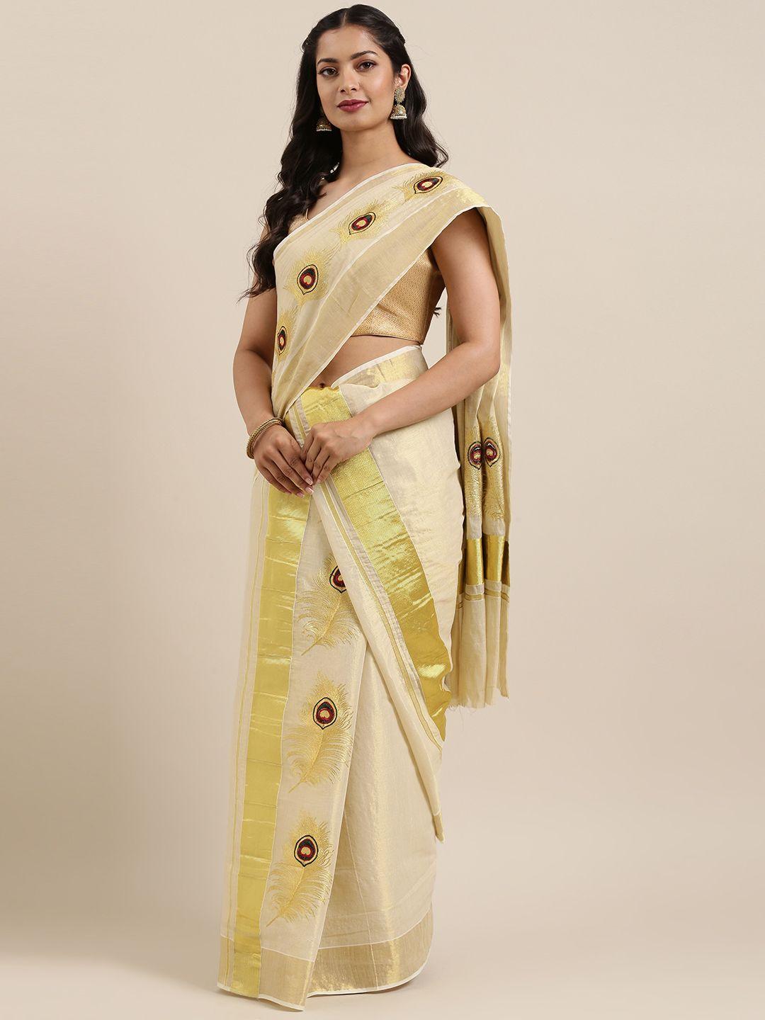 mitera gold-toned pure cotton woven design kasavu saree