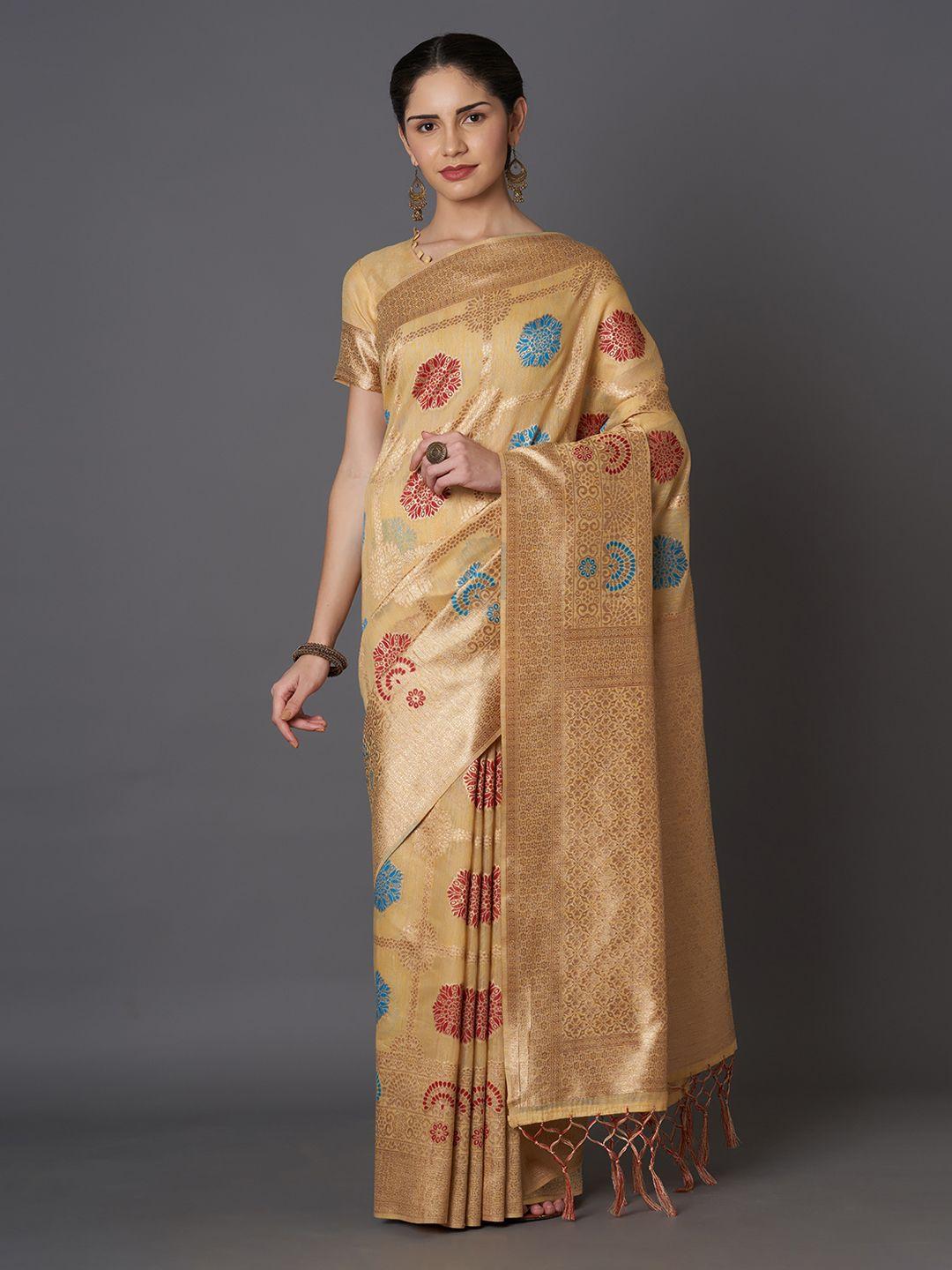 mitera gold-toned silk blend woven design kanjeevaram saree