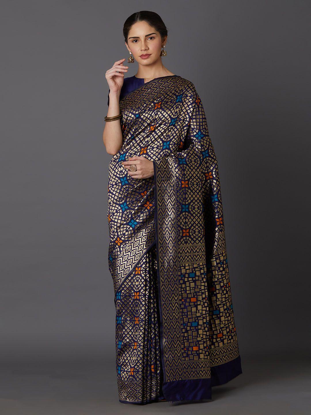 mitera golden & blue woven design kanjeevaram saree