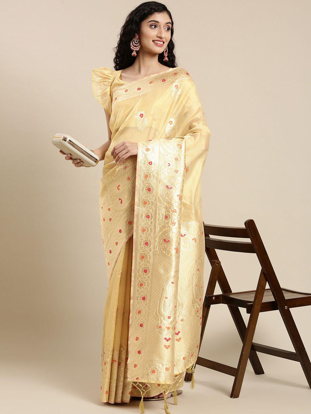 mitera golden woven design pure organza banarasi saree