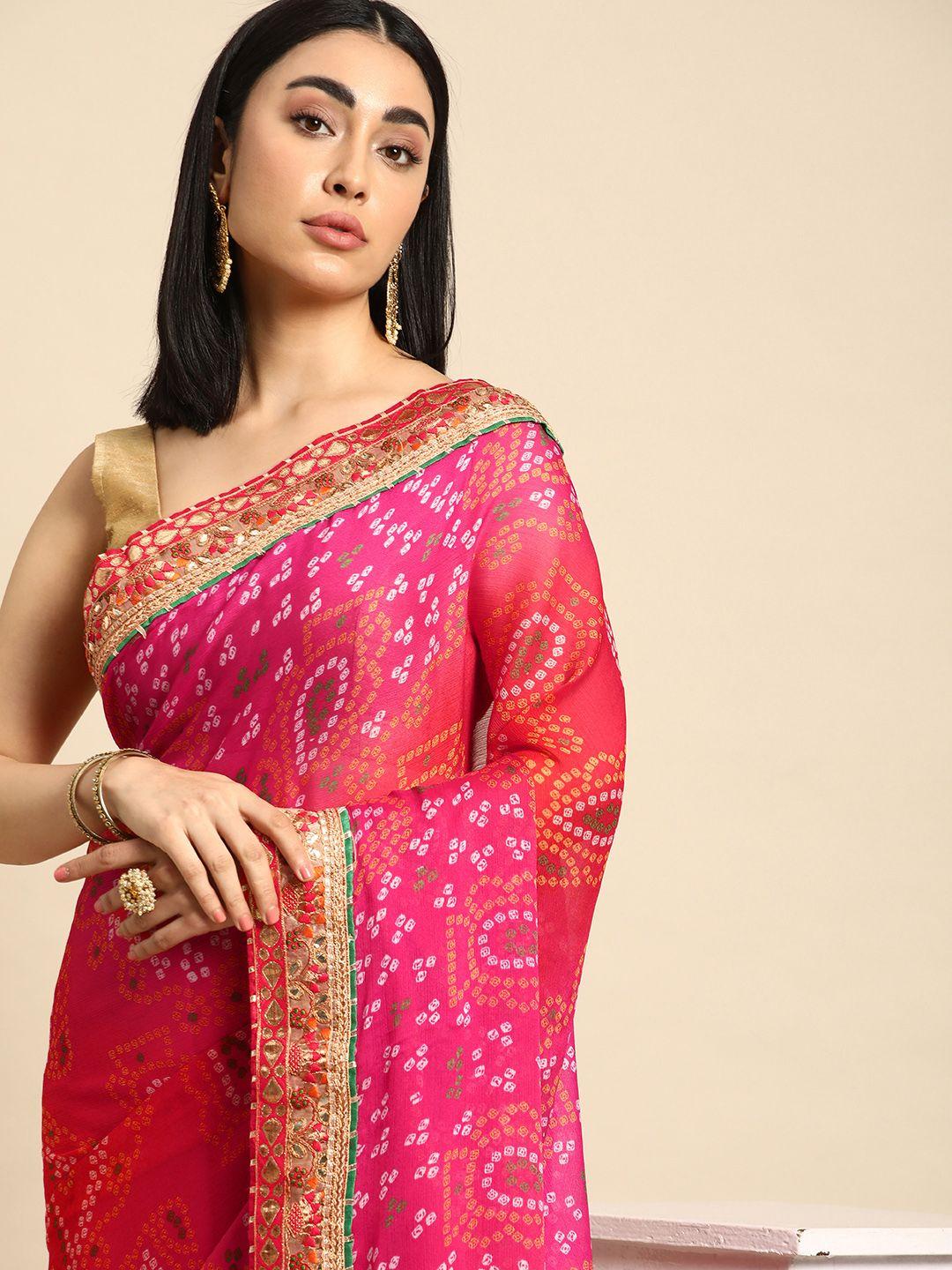 mitera gotta patti poly georgette bandhani saree