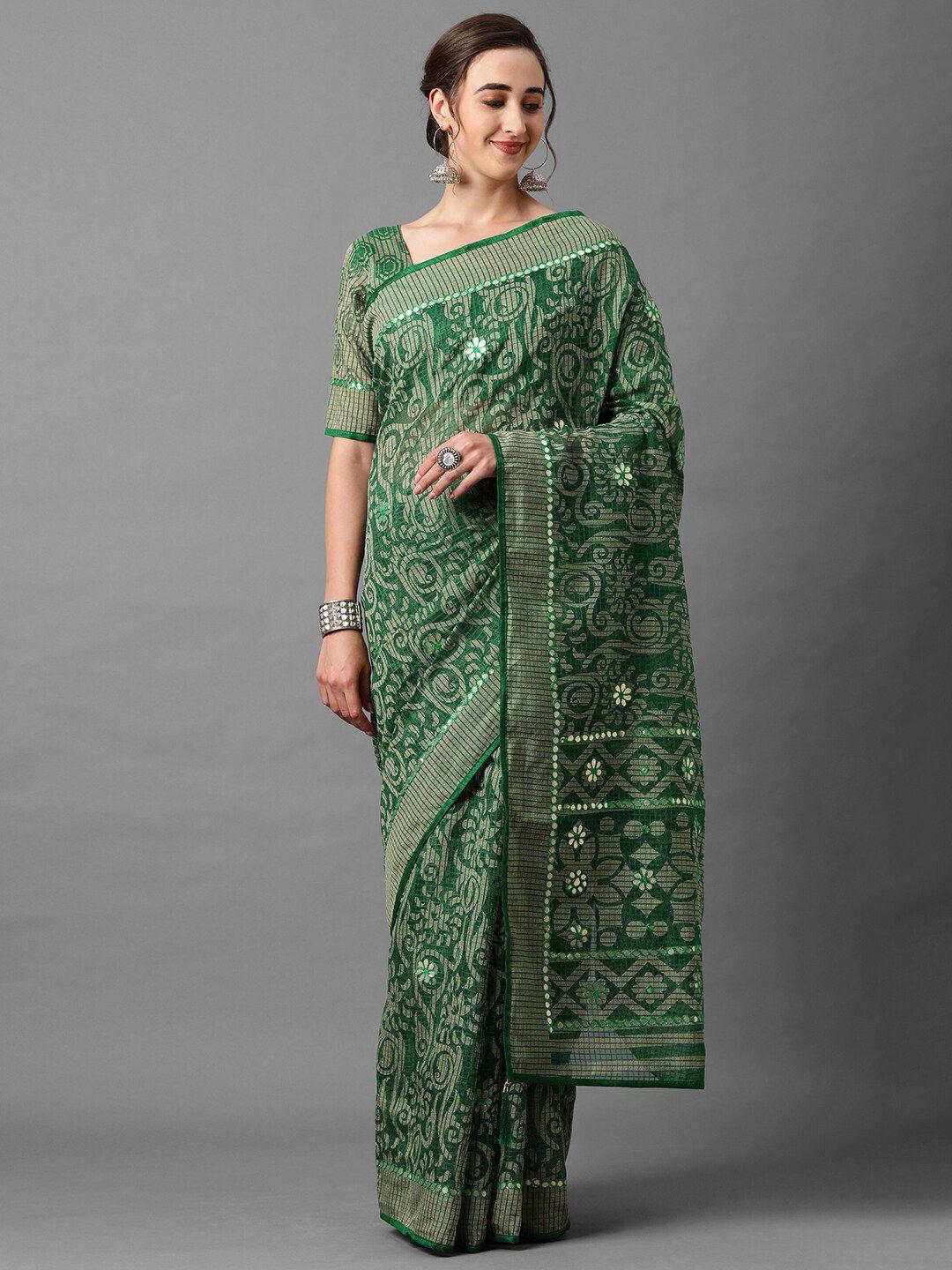 mitera green & beige ethnic motifs mirror work brasso saree