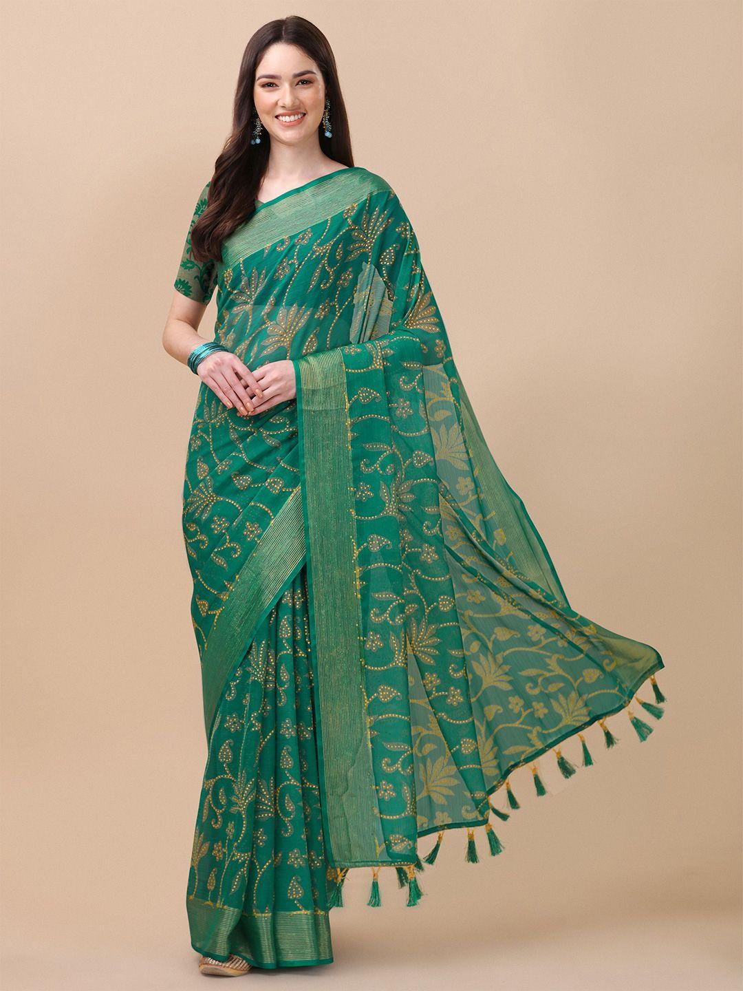 mitera green & beige floral printed saree