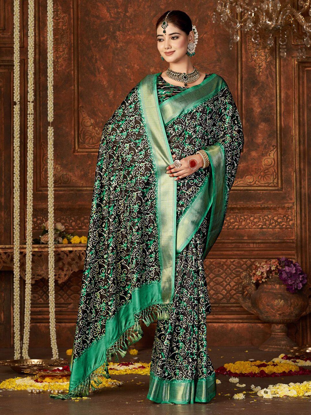 mitera green & black ethnic motifs zari pure silk block print saree