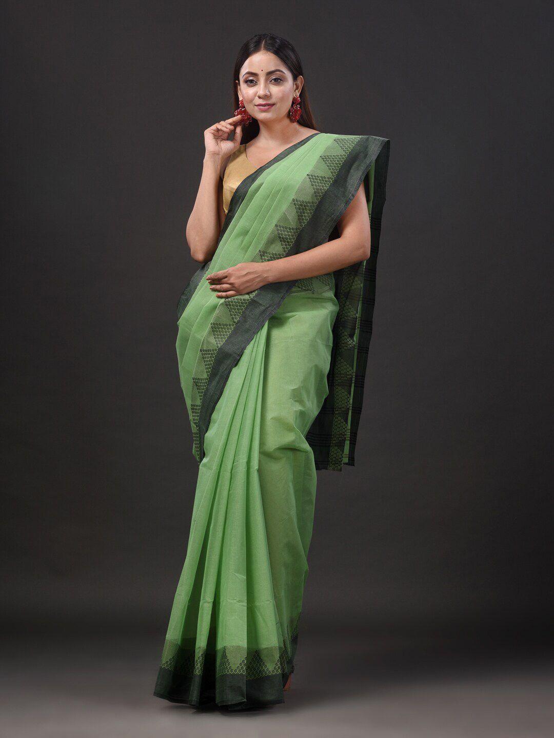 mitera green & black pure cotton handloom taant saree