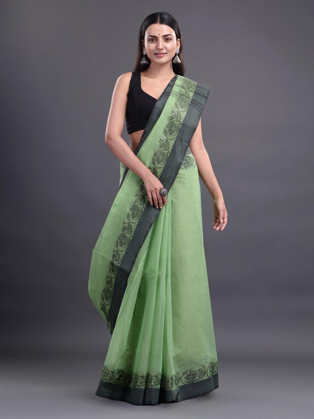 mitera green & black pure cotton taant saree