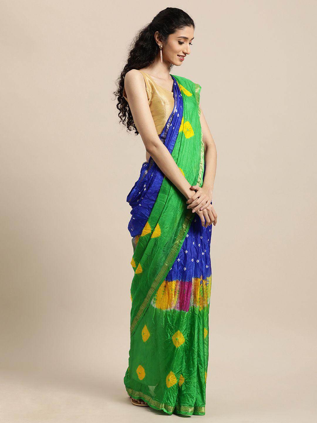 mitera green & blue bandhani art silk handcrafted saree