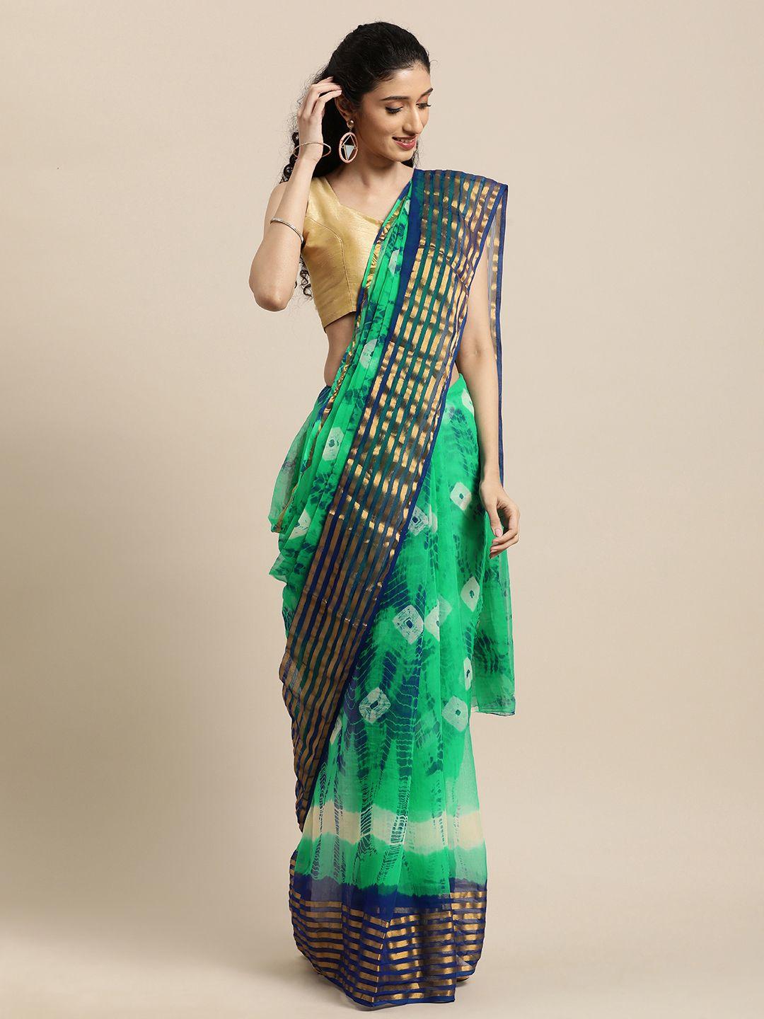 mitera green & blue bandhani art silk handcrafted saree