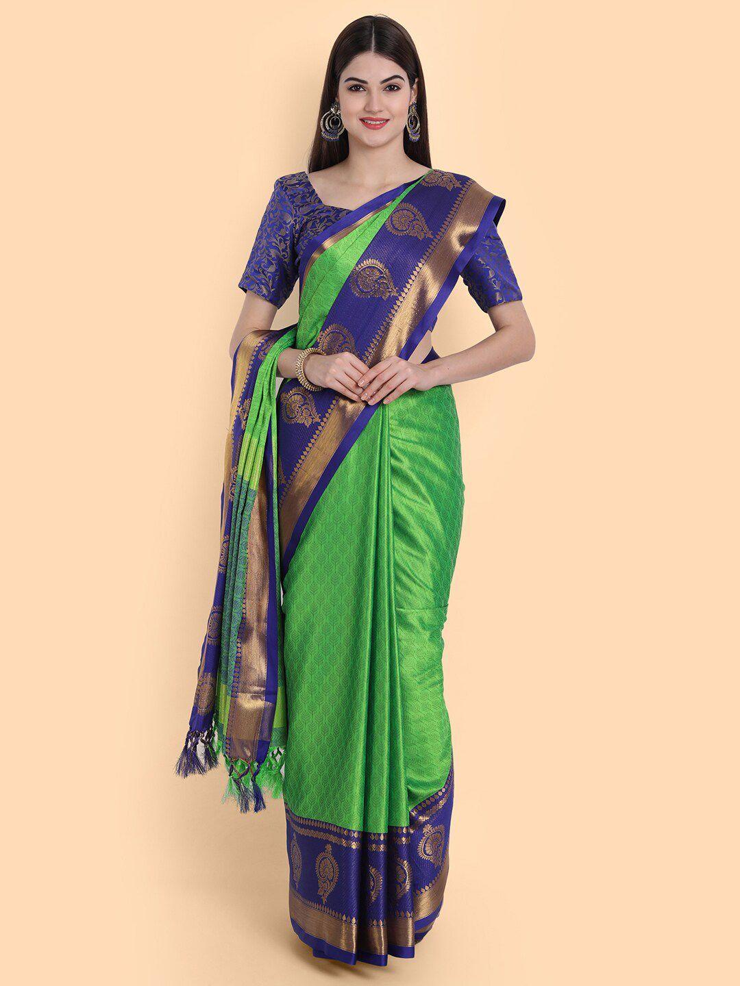 mitera green & blue ethnic motifs zari silk cotton mysore silk saree