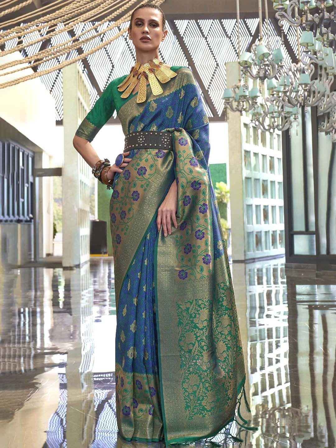 mitera green & blue ethnic woven design zari silk saree