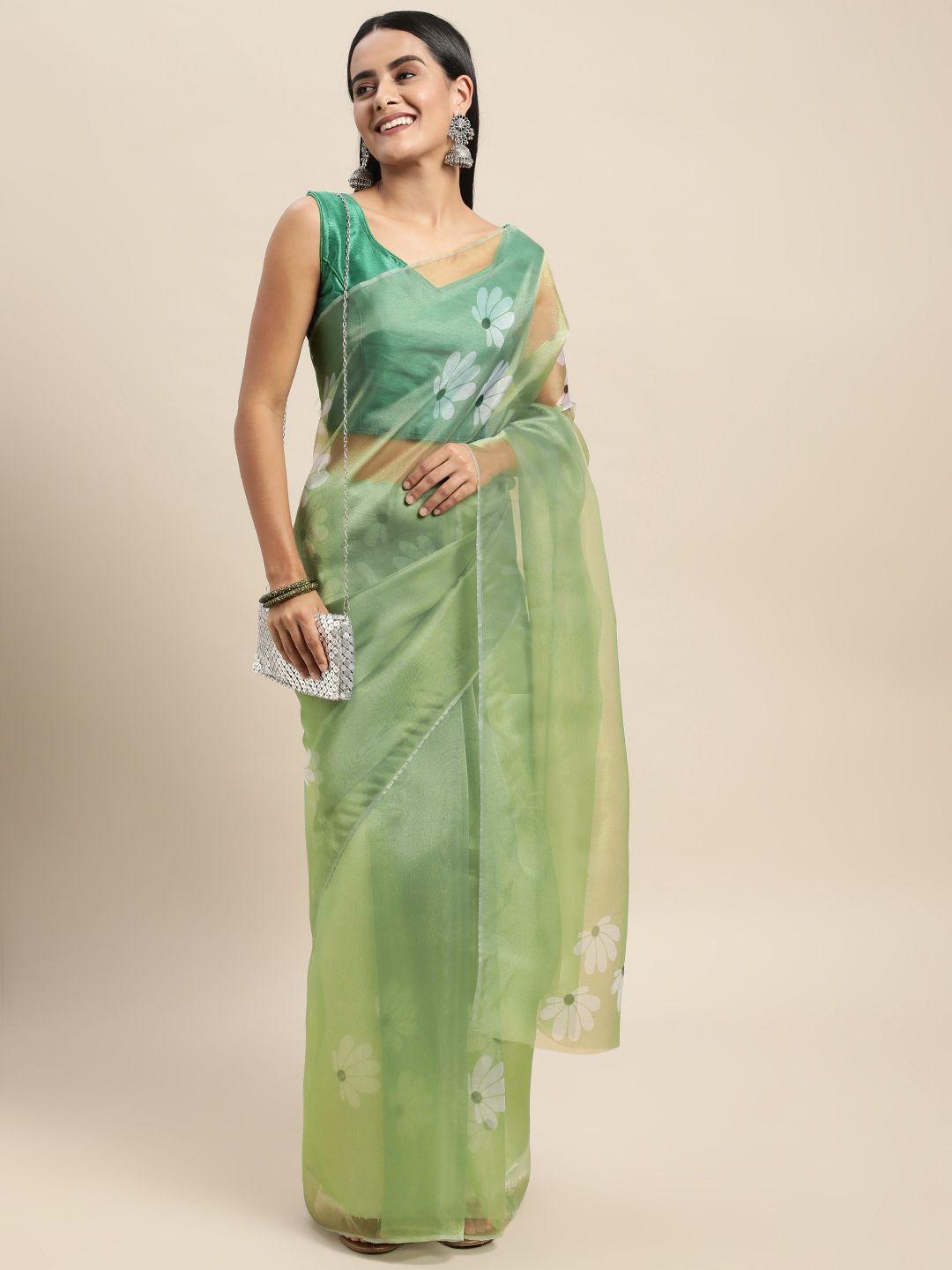 mitera green & blue floral organza saree