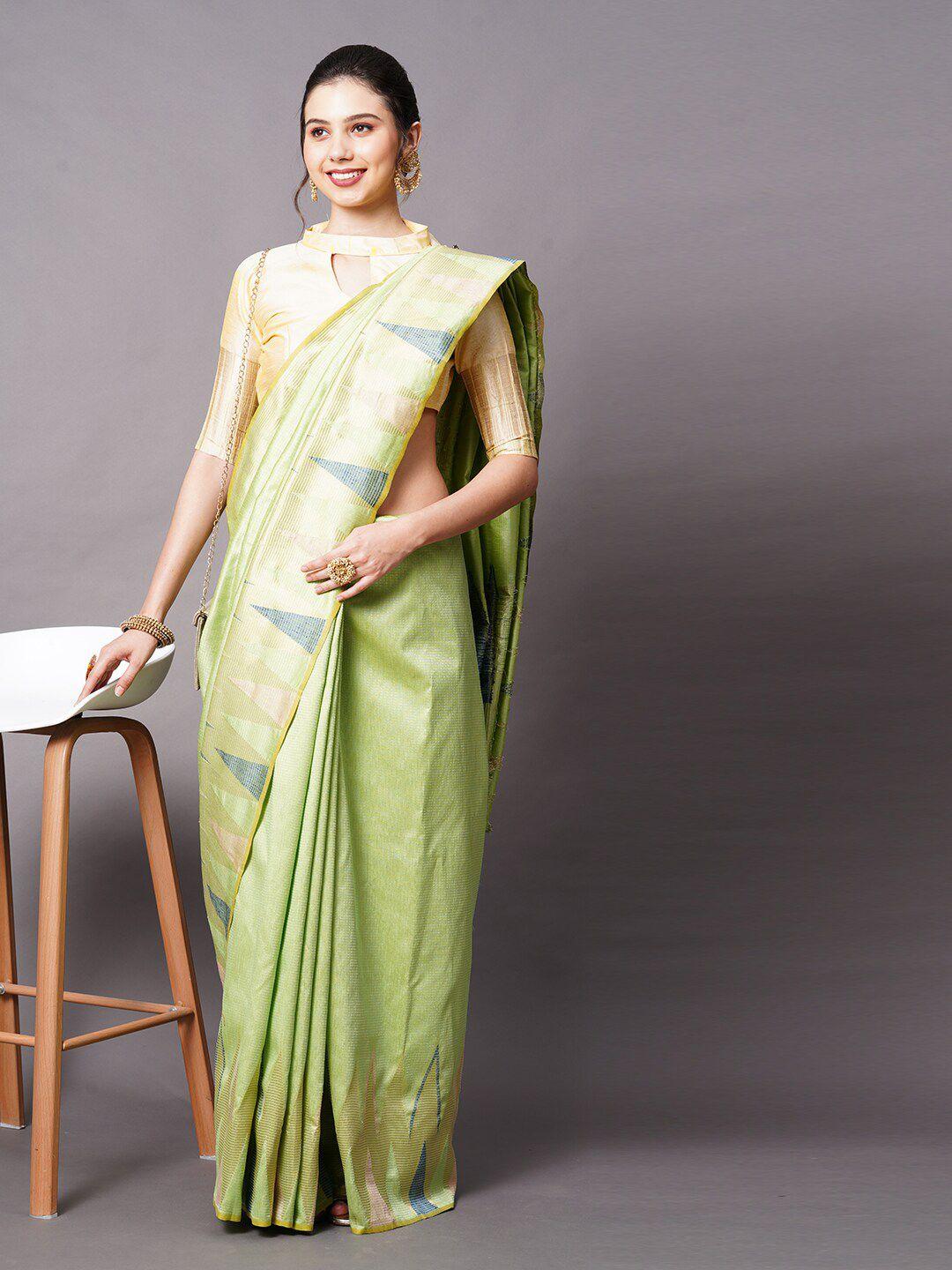 mitera green & blue silk cotton geometric woven designed saree