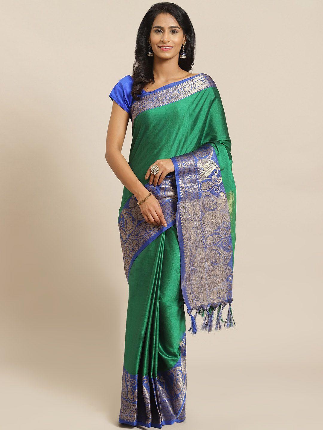 mitera green & blue solid banarasi saree