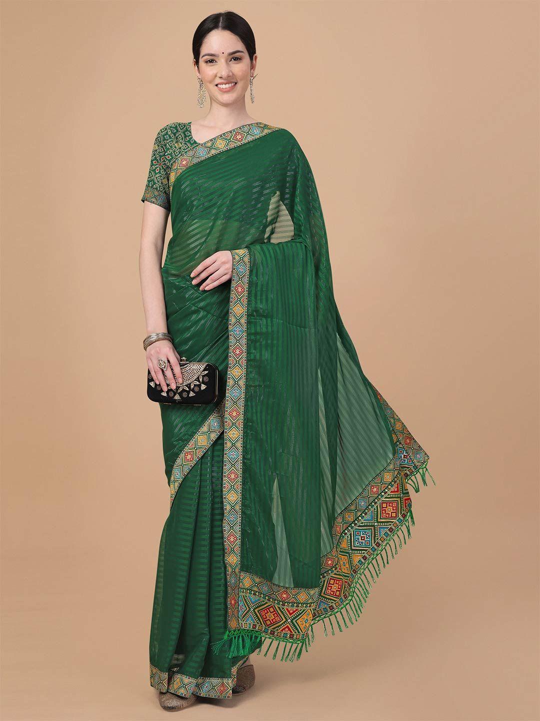 mitera green & blue striped embroidered art silk saree