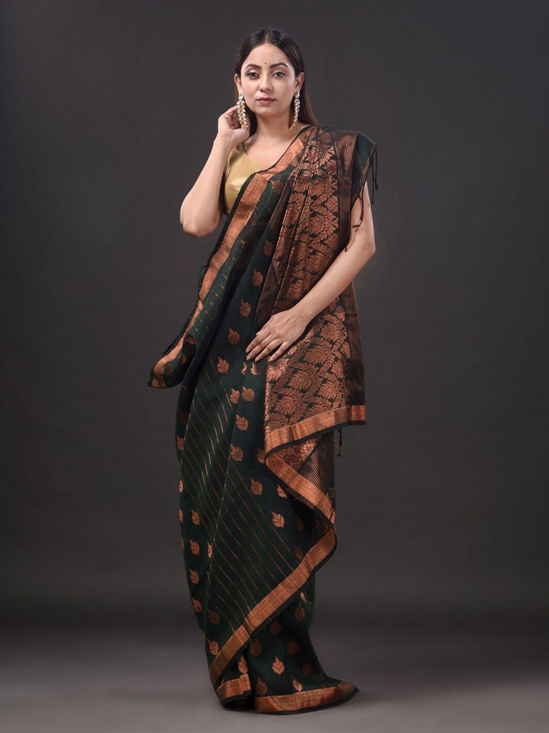 mitera green & copper-toned ethnic motifs zari pure linen handloom saree