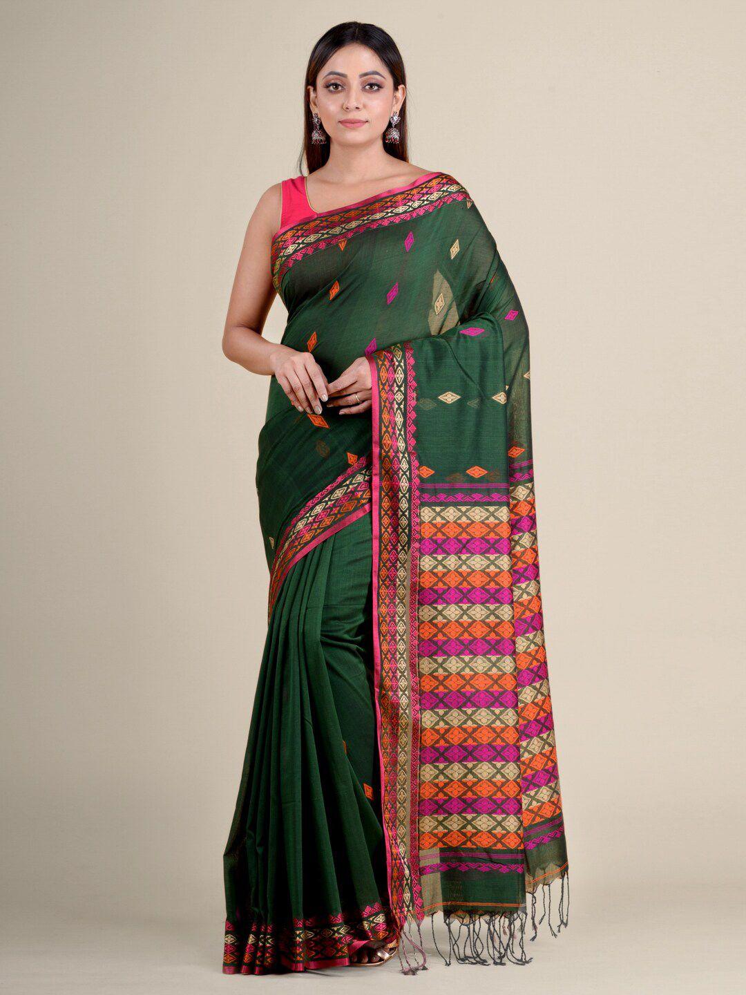 mitera green & fuchsia zari pure cotton handloom saree