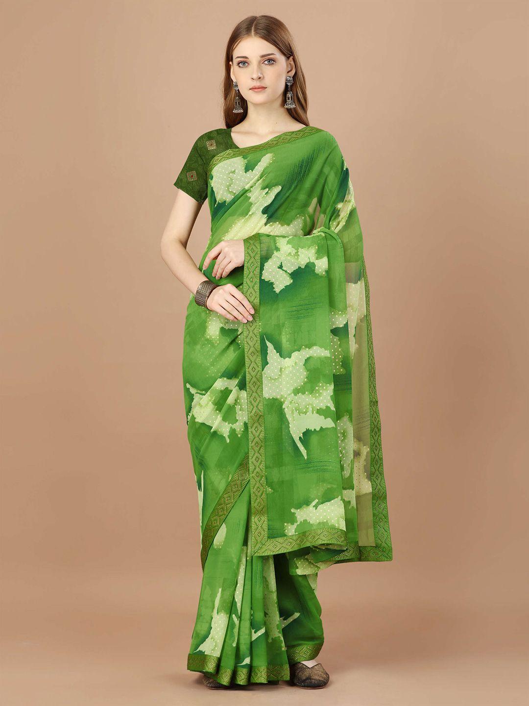 mitera green & gold-toned abstract printed zari pure georgette saree