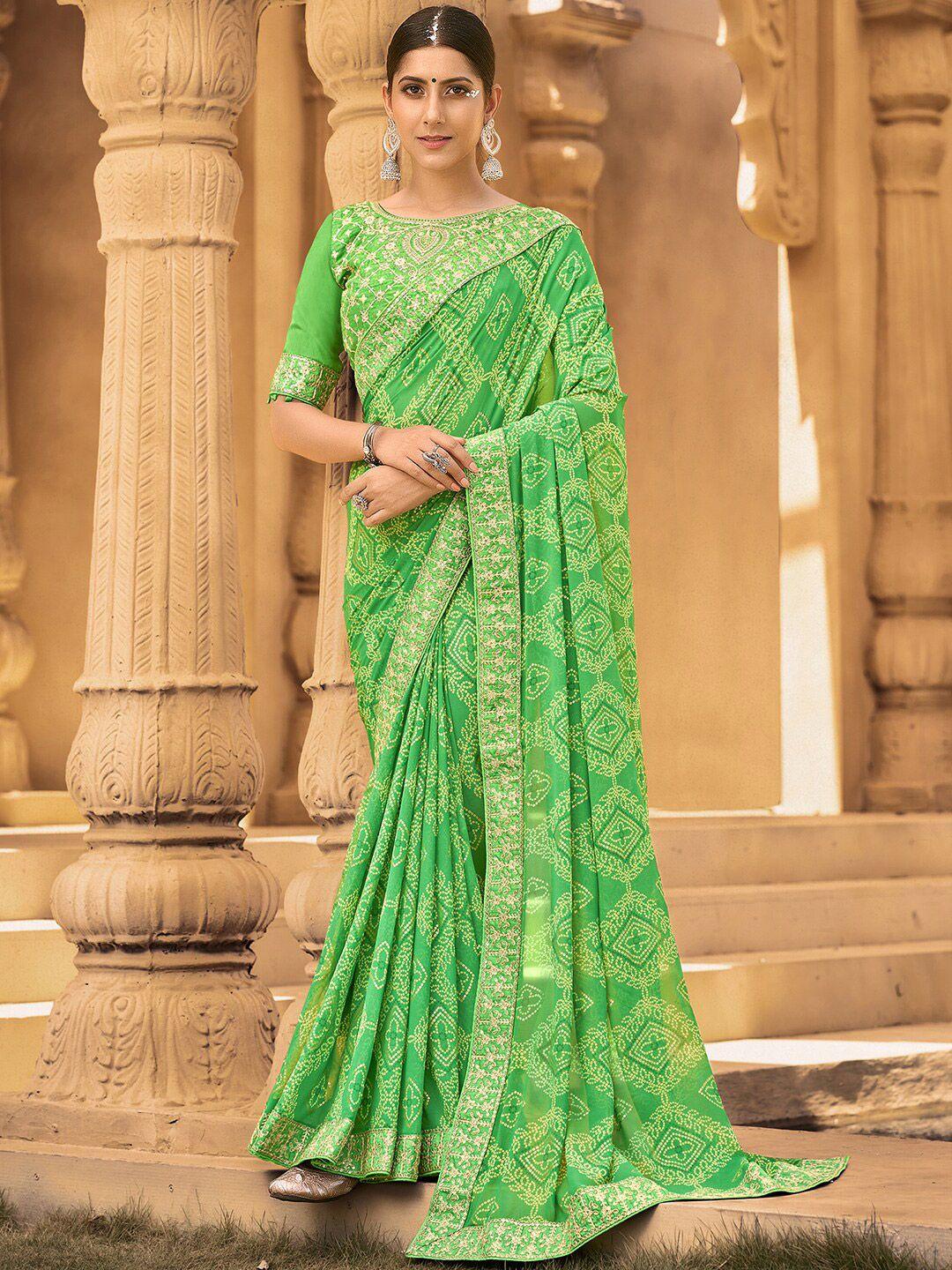 mitera green & gold-toned bandhani embroidered pure georgette bandhani saree