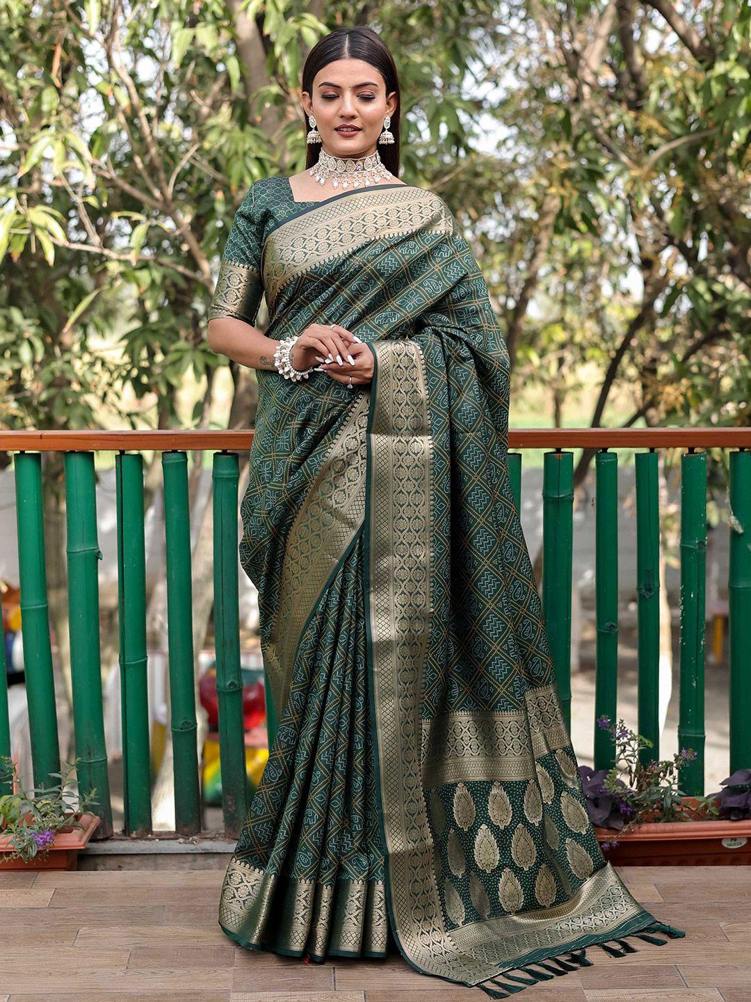 mitera green & gold-toned bandhani printed zari patola saree