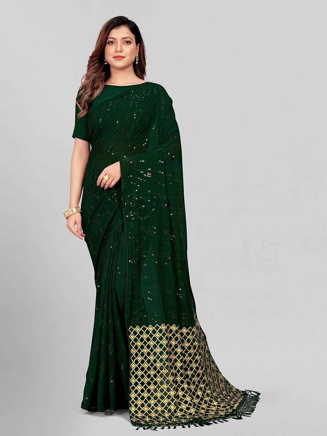 mitera green & gold-toned embellished sequinned pure georgette saree