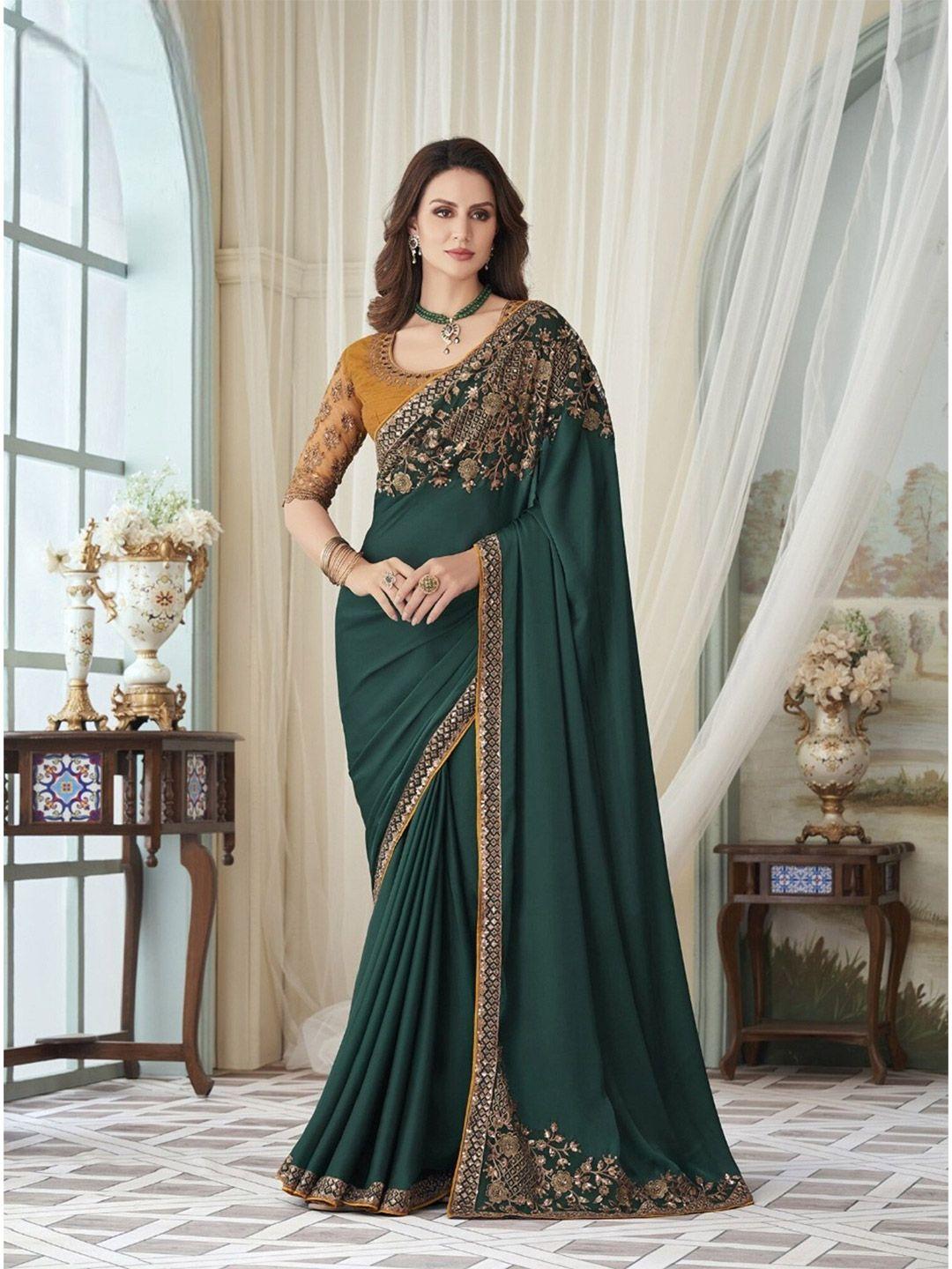 mitera green & gold-toned embroidered sequinned silk blend saree