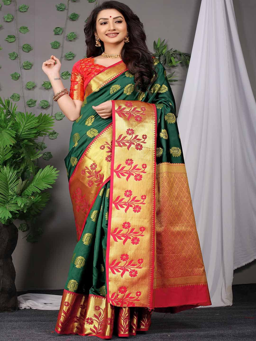 mitera green & gold-toned ethnic motif woven design zari saree