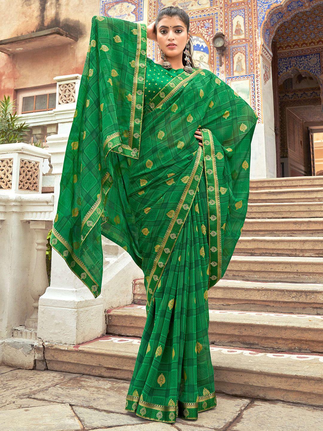 mitera green & gold-toned ethnic motifs printed pure georgette saree