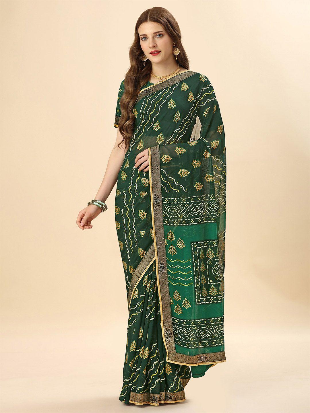 mitera green & gold-toned ethnic motifs printed zari pure georgette saree